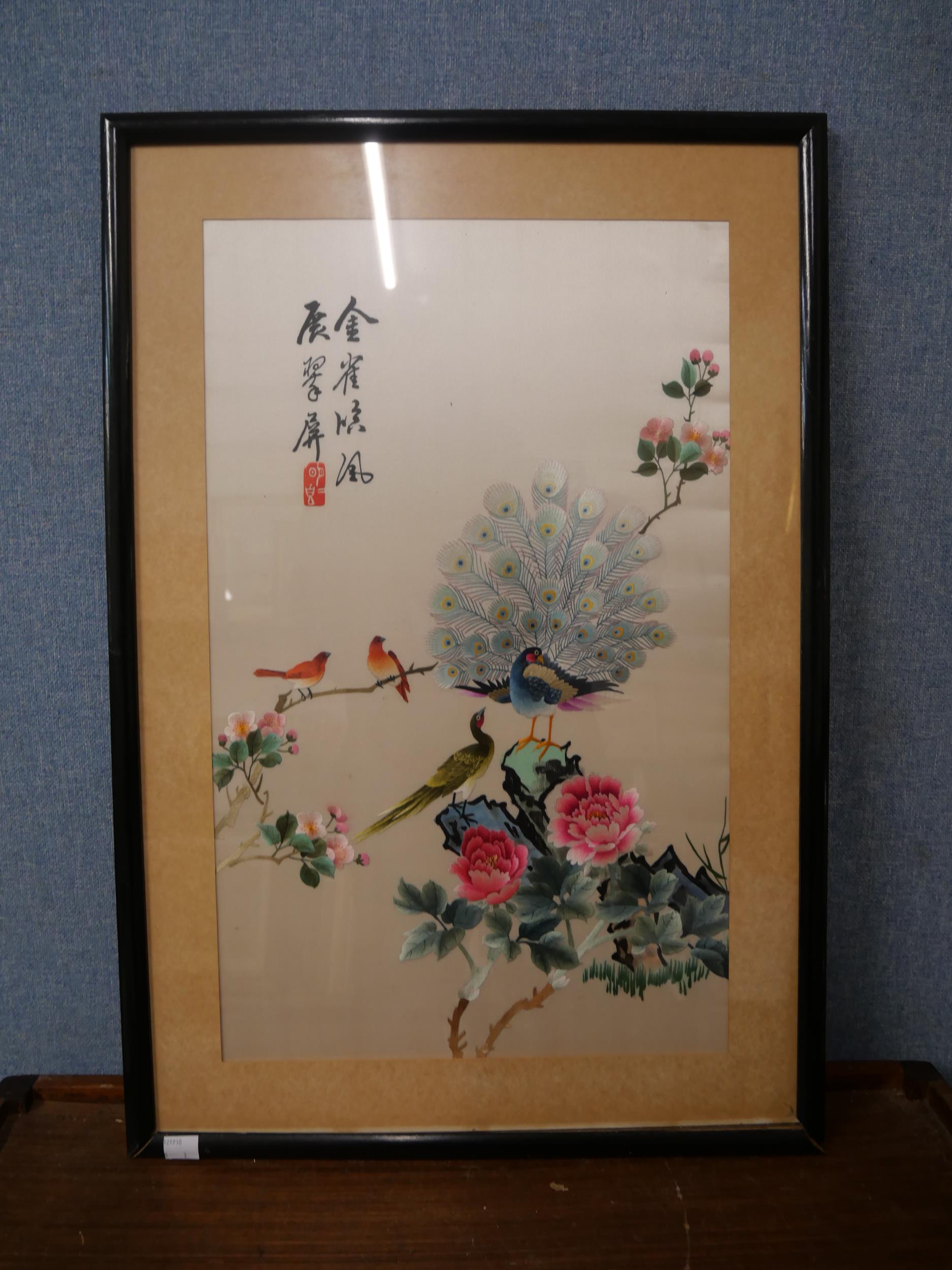 Two Oriental embroidered silks and an Oriental print, all framed - Image 2 of 2