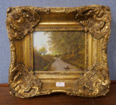 A.R. Taylor, country lane scene, oil on board, framed