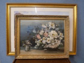 Rodger Sumner, still life of flowers, oil on board and Edmund a John Niemann print of Richmond-on-