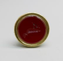 A Victorian carnelian bird intaglio seal fob, tests as 9ct gold, 8g
