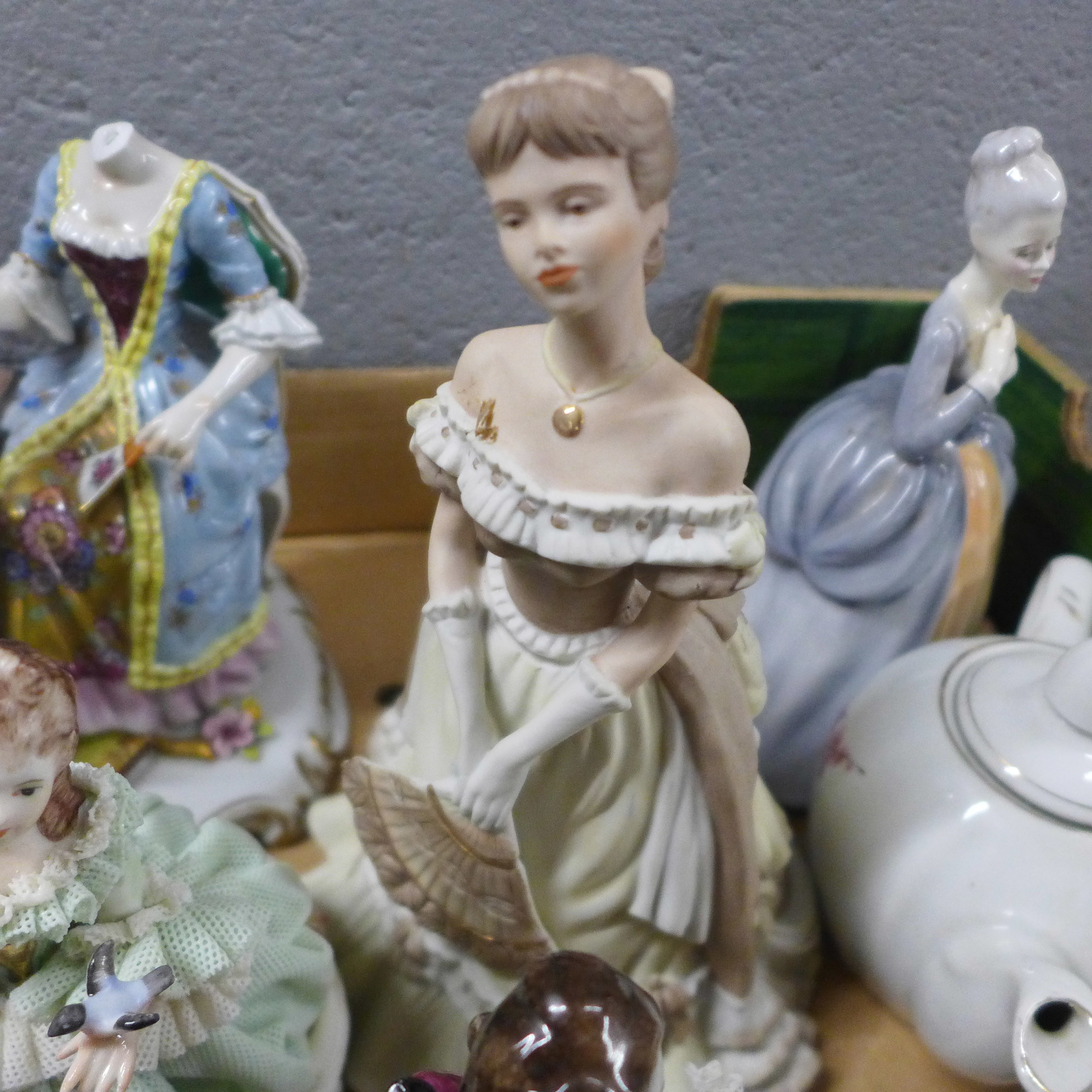 Two Chinese export blue and white plates, two teapots and seven figures, (German porcelain figure - Image 2 of 6