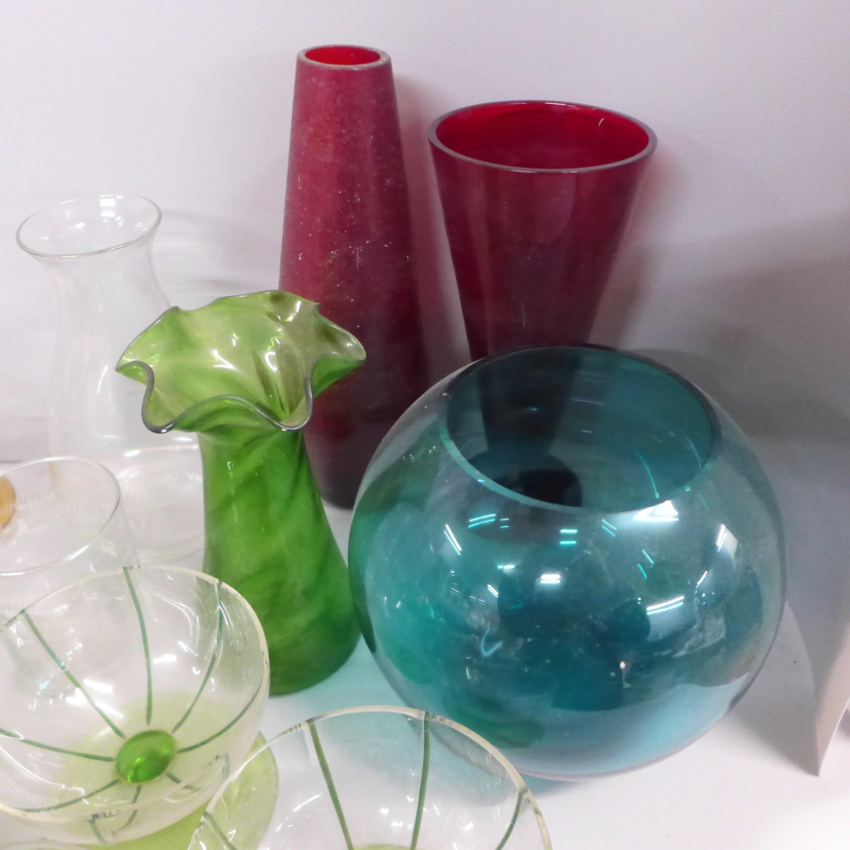 A large polka-dot decorated punch bowl and plastic ladle, other coloured glass vases; red, green, - Image 3 of 4