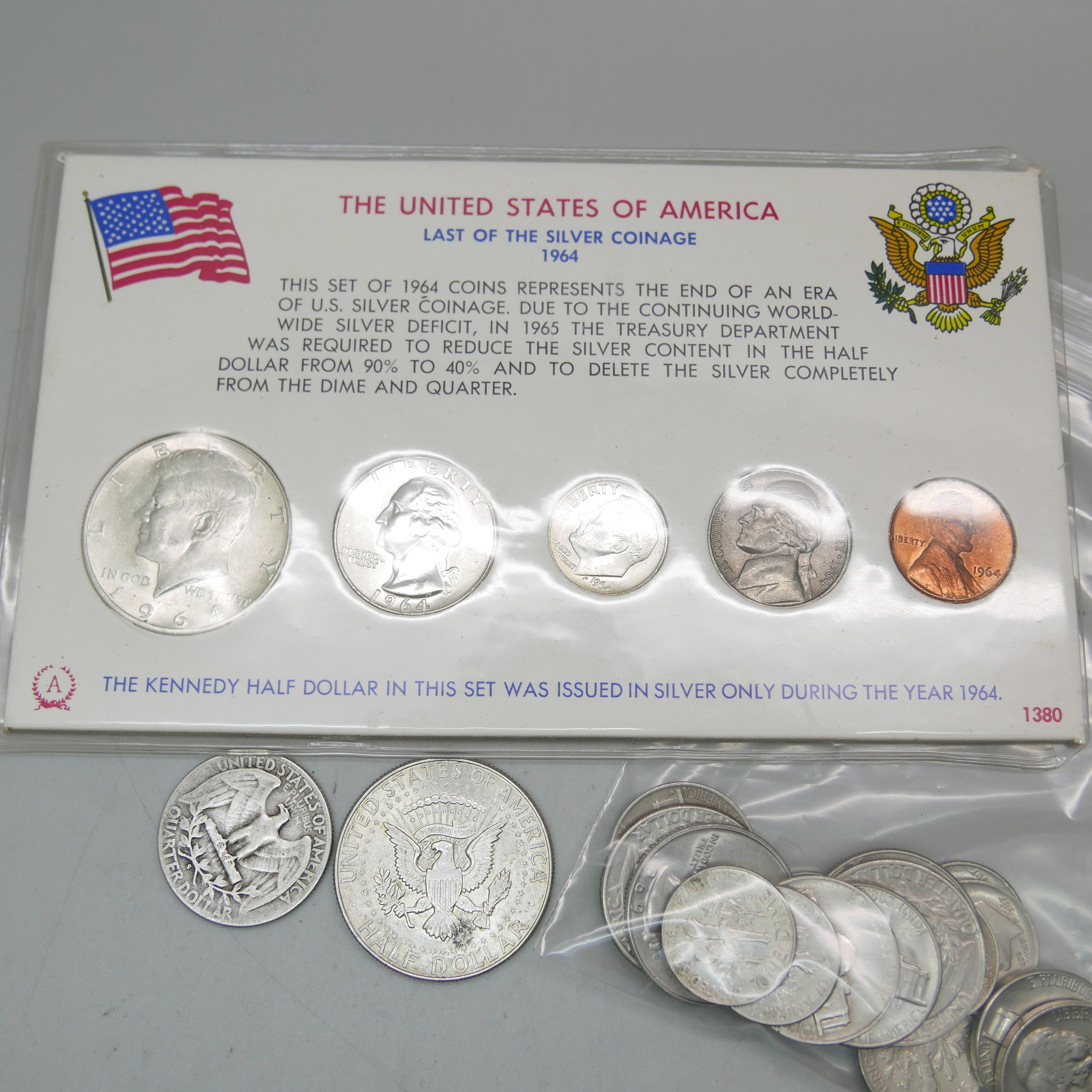 A USA last of the silver coinage set 1964, a 1964 silver half dollar, a silver 1951 quarter dollar , - Image 2 of 2