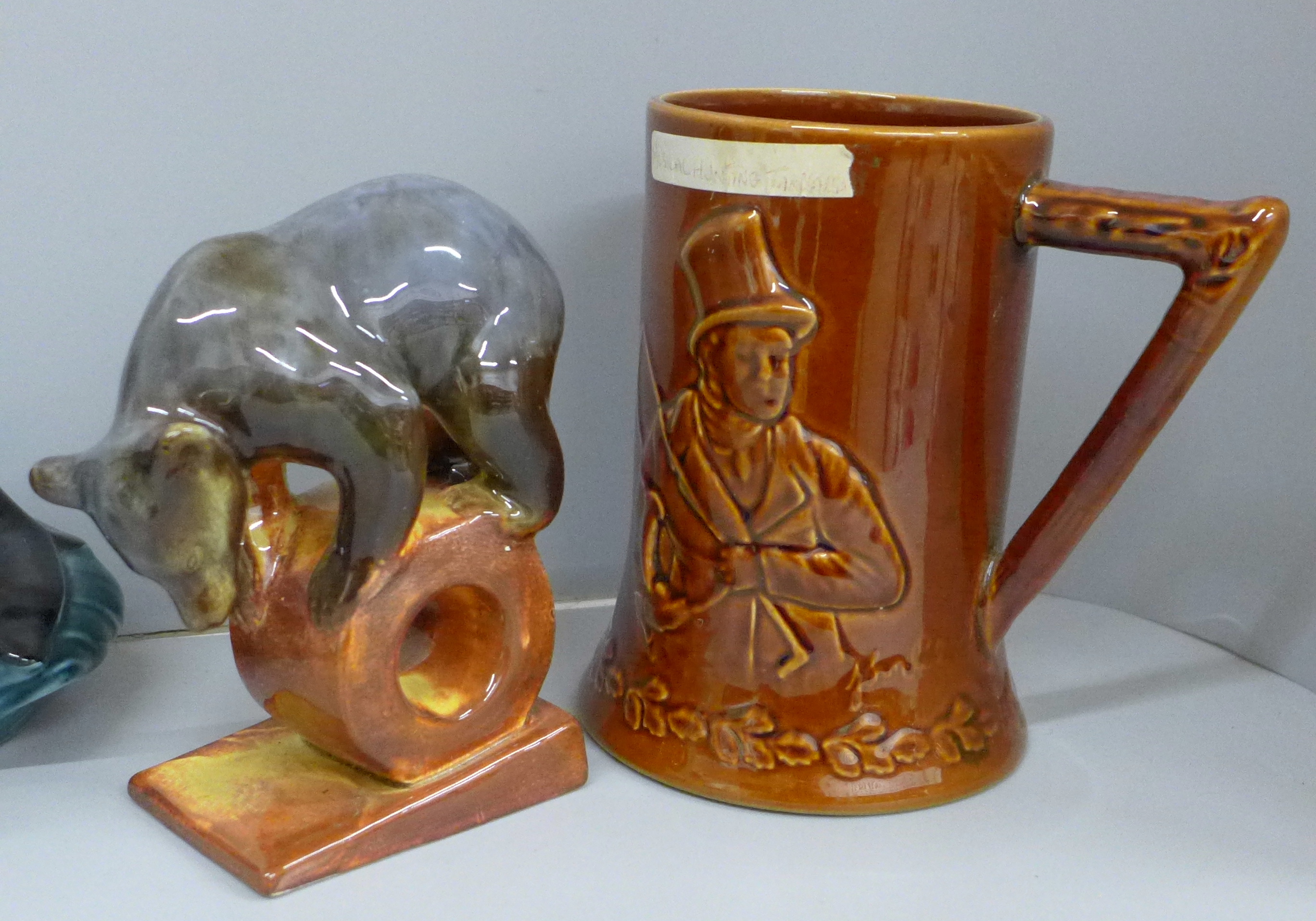 A musical hunting theme mug, an Art Deco lemon squeezer, an USSR model of a bear and a Poole pottery - Image 2 of 6