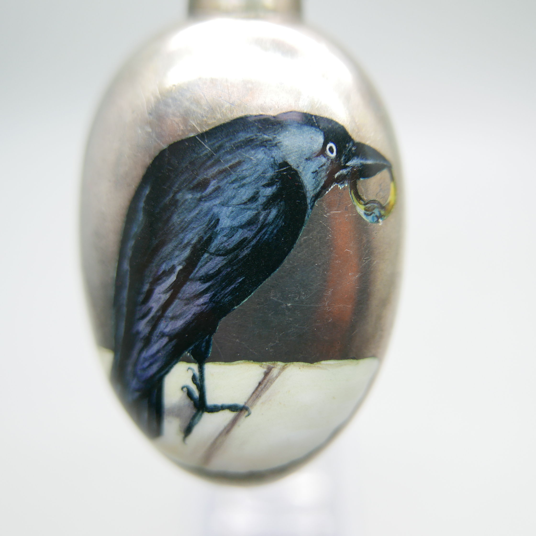 A Victorian silver and enamelled perfume bottle depicting a jackdaw with a ring in its beak, Matthew - Image 2 of 5