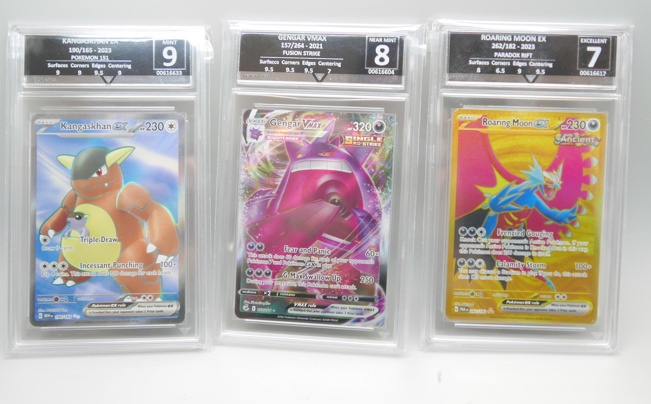 Three graded Pokemon cards, Roaring Moon Ex, Gengar VMax and Kangaskhan Ex - Image 2 of 2