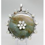 A large silver, stone and mother of pearl pendant, 6cm