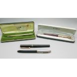 A cased Sheaffer pen with 14k gold nib, a cased Parker pen with gold plated top, a cased Cross