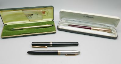 A cased Sheaffer pen with 14k gold nib, a cased Parker pen with gold plated top, a cased Cross