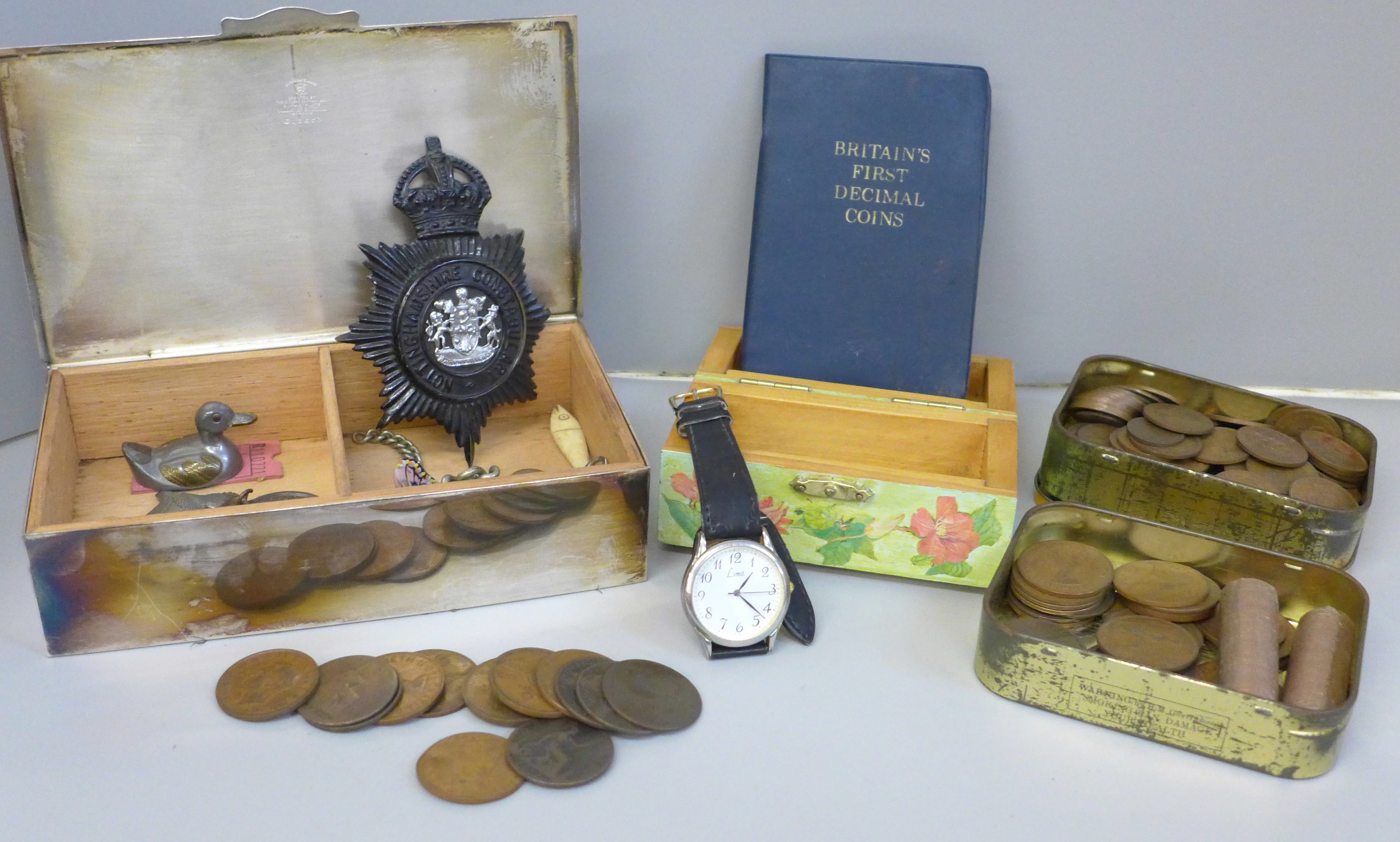 Nottinghamshire Constabulary badges, other badges, coins, a plated box, etc.