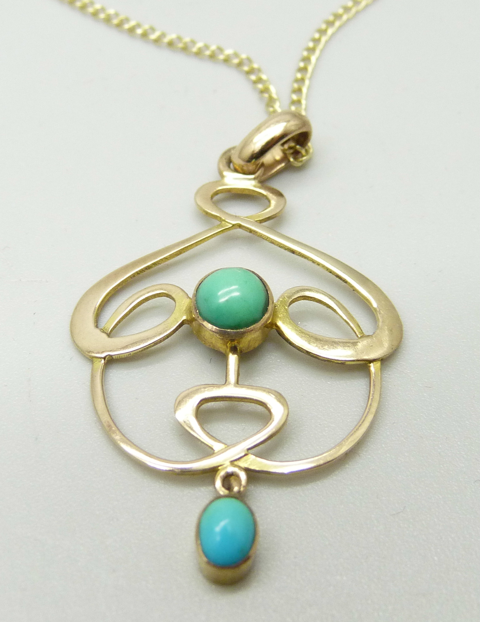 An Art Nouveau turquoise set pendant on 9ct gold chain, total weight 3.1g, chain 45cm - Image 2 of 3