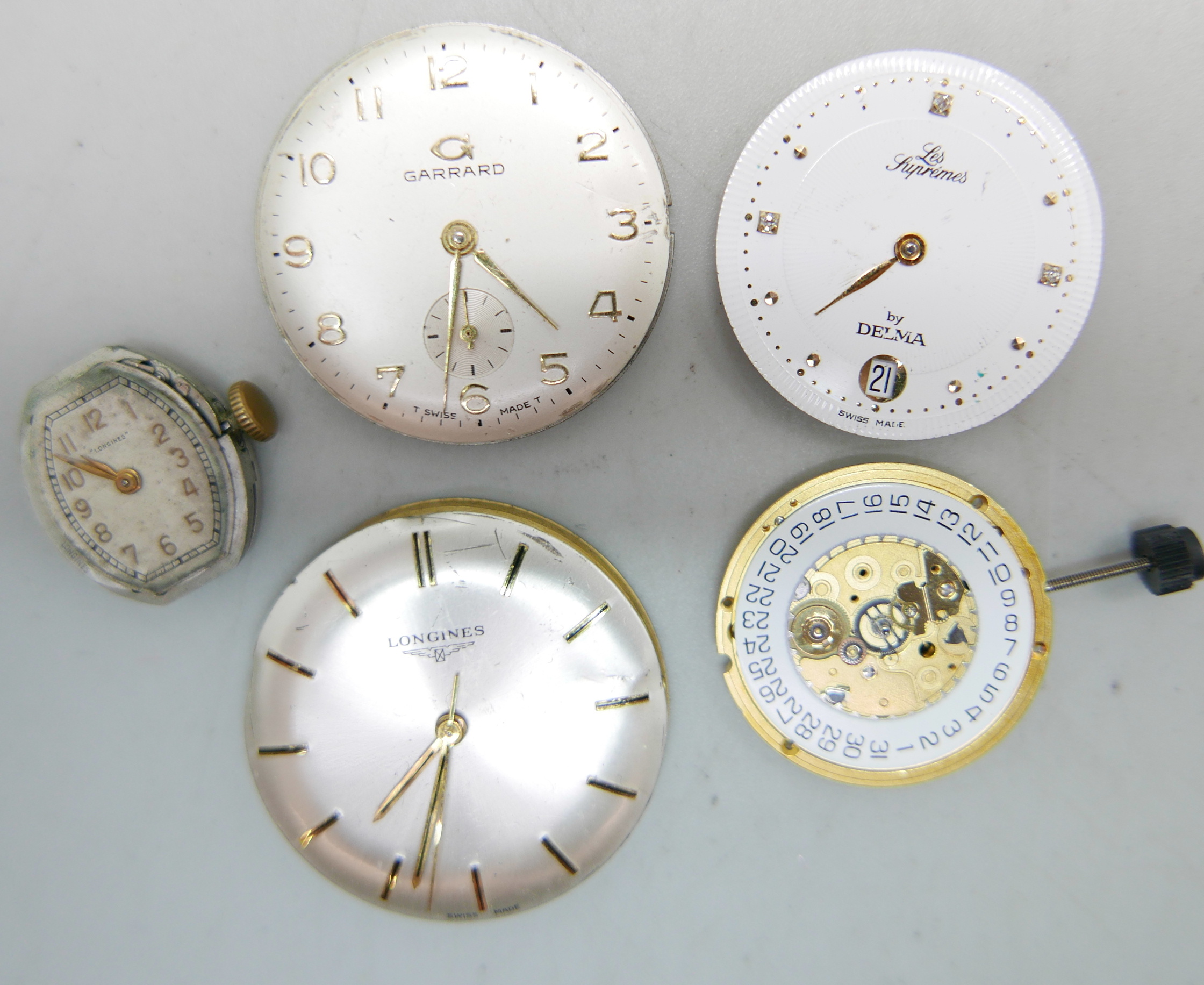Five wristwatch movements; gentleman's Longines, a lady's Longines, an Omega (missing dial), a - Image 2 of 2