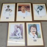 Five framed cricketer prints including Lillie, Richards, Botham