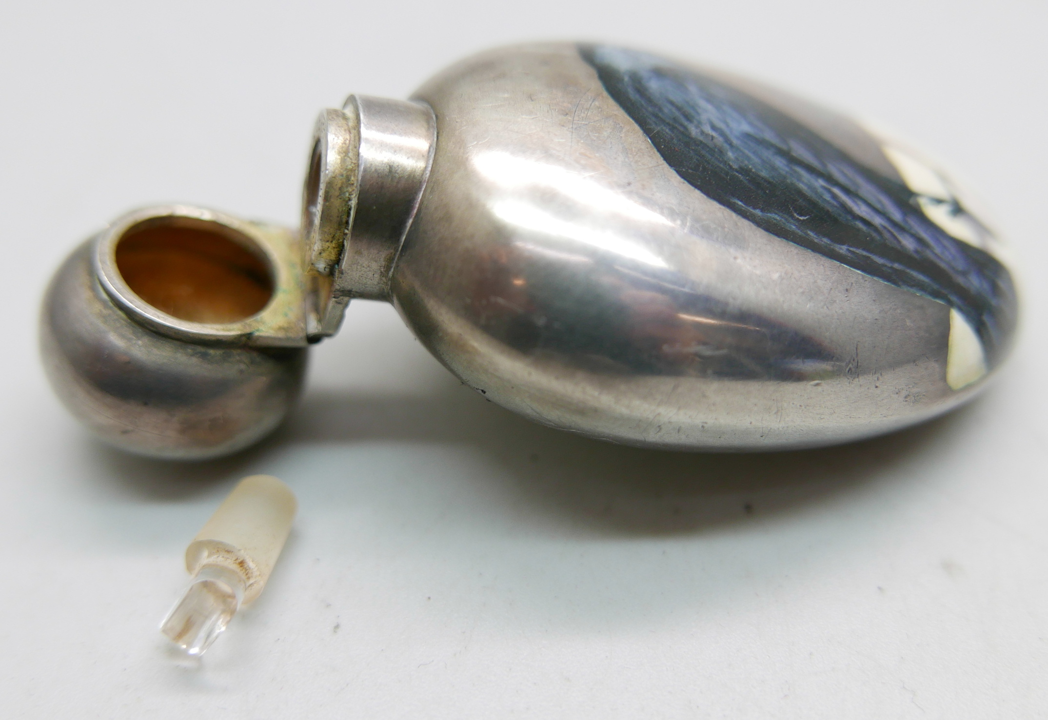 A Victorian silver and enamelled perfume bottle depicting a jackdaw with a ring in its beak, Matthew - Image 5 of 5
