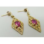 A pair of 9ct gold and ruby drop earrings, 1.7g