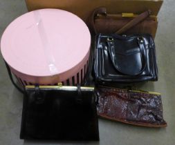 A box of lady's vintage hats and three lady's handbags, clutch bag and lace gloves **PLEASE NOTE
