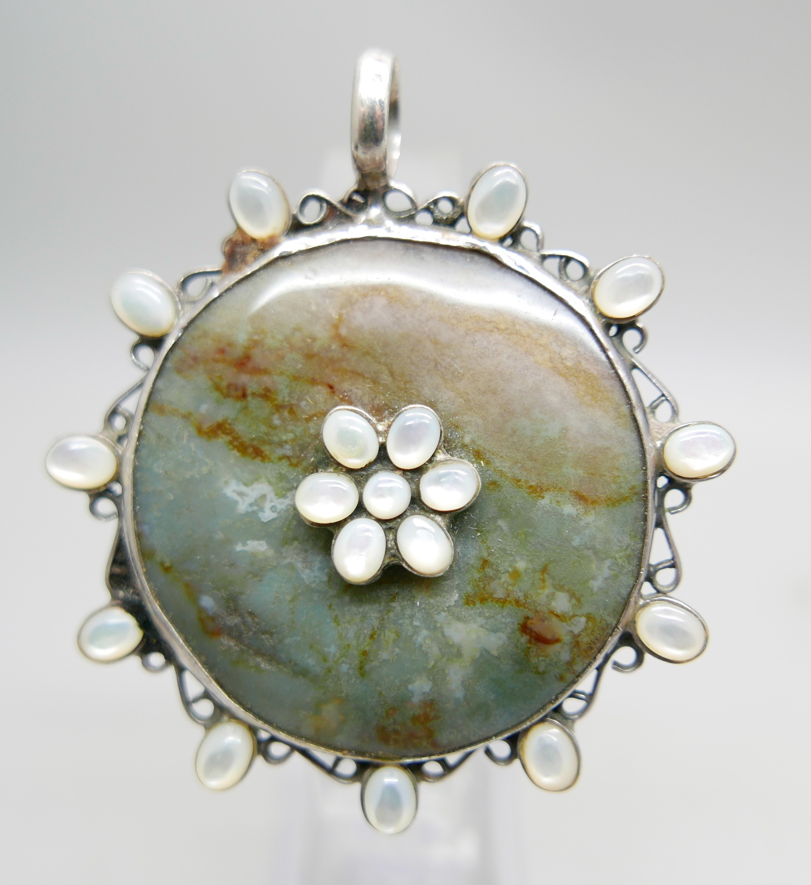 A large silver, stone and mother of pearl pendant, 6cm - Image 2 of 3