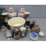 A box of mixed china including a pair of German porcelain vases and covers, one a/f **PLEASE NOTE