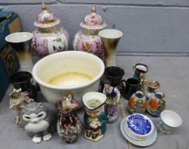A box of mixed china including a pair of German porcelain vases and covers, one a/f **PLEASE NOTE