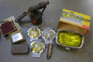 Three AA badges, three vintage penknives, two a/f, an oversized lighter, etc.