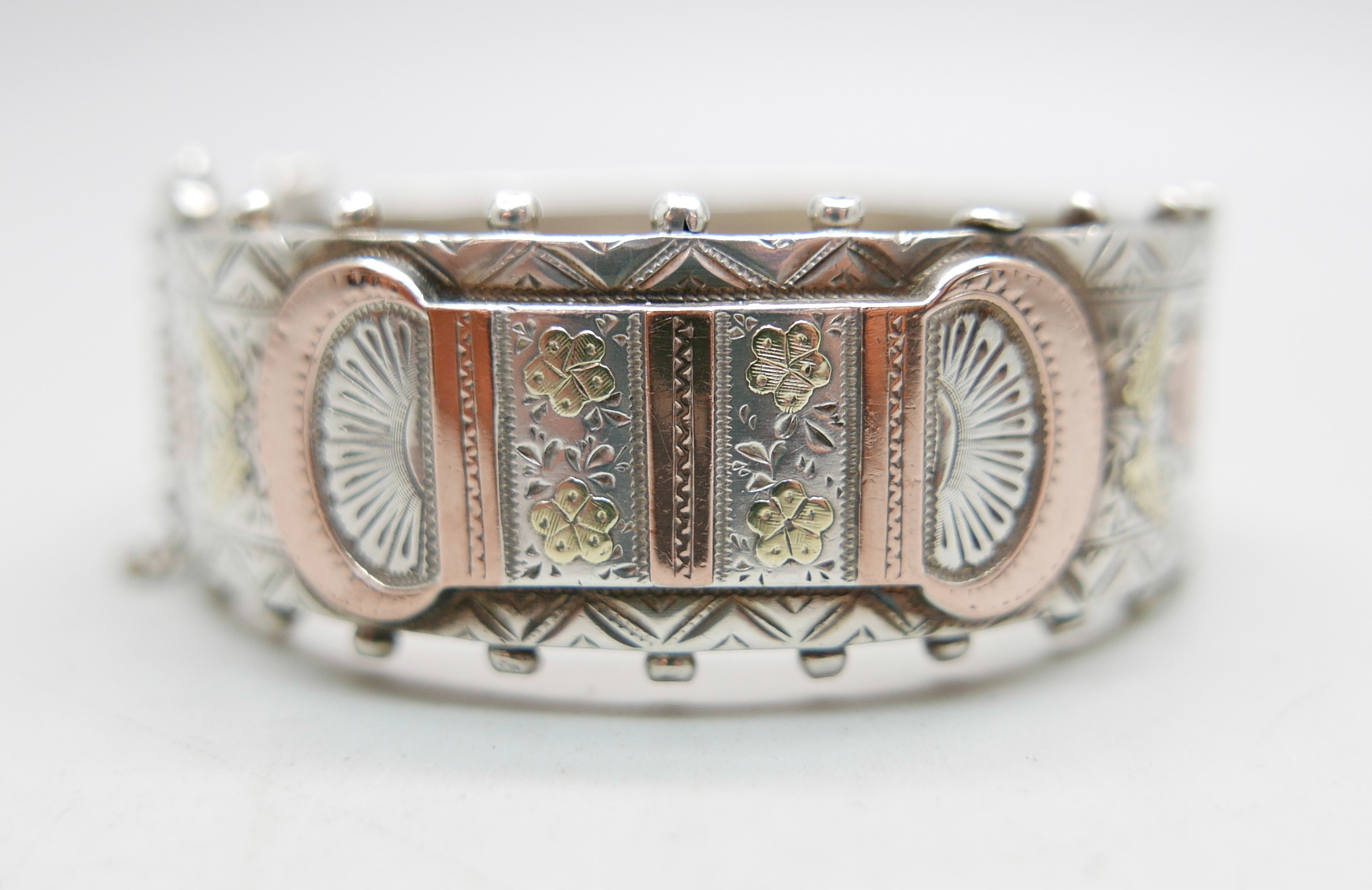 A Victorian silver bangle with applied gold decoration, Birmingham 1884 - Image 3 of 6