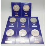 Eight uncirculated £5 coins; 1998, 1999, 2001, 2002, 2003, 2005, 2011, 2013 in sealed packs