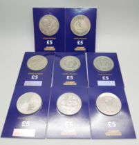 Eight uncirculated £5 coins; 1998, 1999, 2001, 2002, 2003, 2005, 2011, 2013 in sealed packs