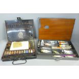 Two artists paint sets, Winsor & Newton with oil paints and one other with powdered paints, early