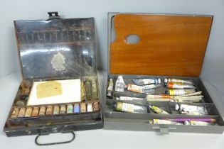 Two artists paint sets, Winsor & Newton with oil paints and one other with powdered paints, early