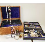 A Victorian jewellery box with vintage jewellery , a victorian carved jet bluebell love brooch (af),
