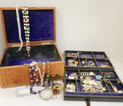 A Victorian jewellery box with vintage jewellery , a victorian carved jet bluebell love brooch (af),
