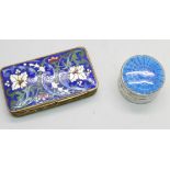 A silver and blue enamelled pill box, Birmingham 1912, and a double section powder with enamelled