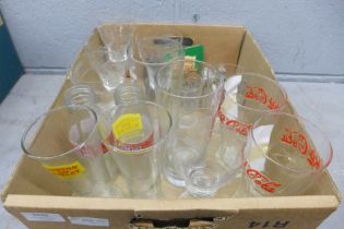 A box of commemorative and vintage glasses including England Euro 2004, Royal Wedding milk bottles