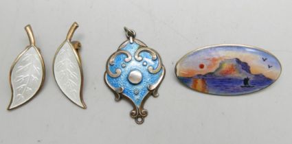 A pair of 925 silver and enamelled earrings by David Andersen, an enamelled Art Nouveau pendant with