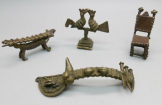 Four African Ashanti gold weights in the form of birds, etc.