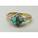 A silver gilt, Egyptian turquoise and white topaz ring with certificate, Q