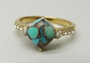 A silver gilt, Egyptian turquoise and white topaz ring with certificate, Q