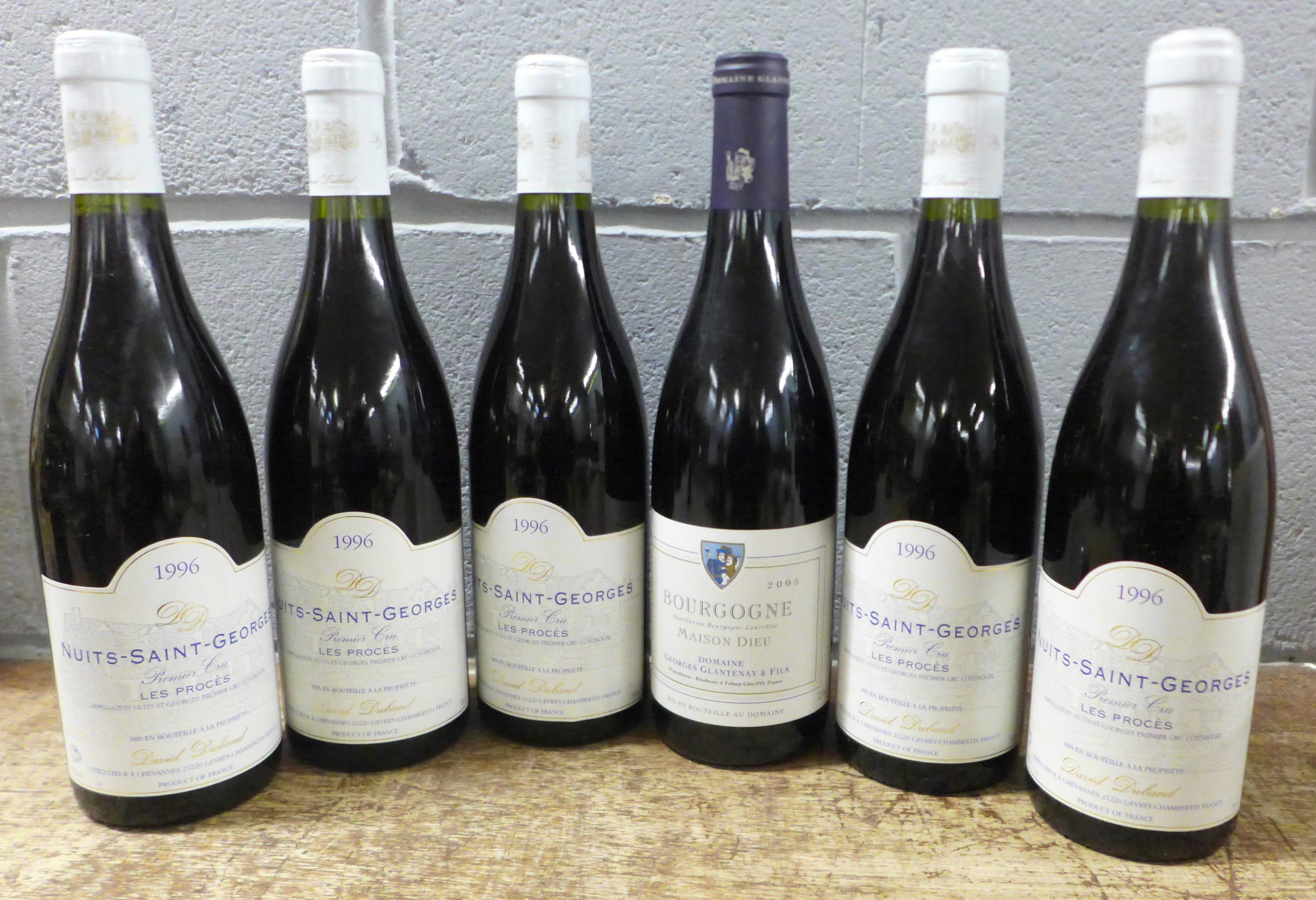 Five bottles of David Dubard Nuits-Saint-Georges 1996 and a bottle of Georges Glantenay and Fils