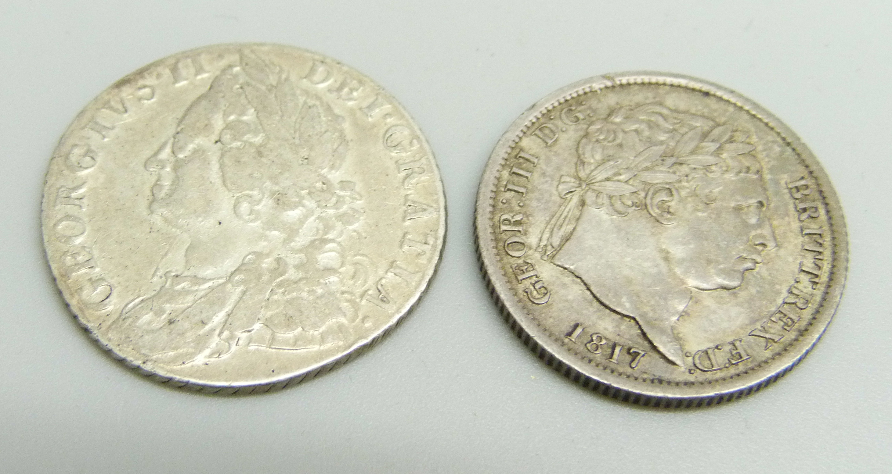 A George III shilling, 1817, and a George II shilling, 1758