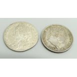 A George III shilling, 1817, and a George II shilling, 1758