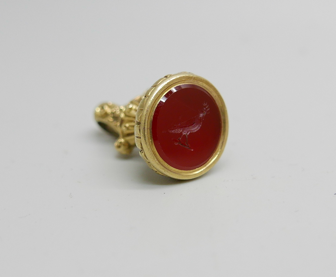 A Victorian carnelian bird intaglio seal fob, tests as 9ct gold, 8g - Image 5 of 5