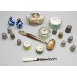 Four enameled boxes, two Halcyon Days and two Crummles, thimbles, two miniature blue and white