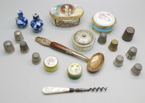 Four enameled boxes, two Halcyon Days and two Crummles, thimbles, two miniature blue and white