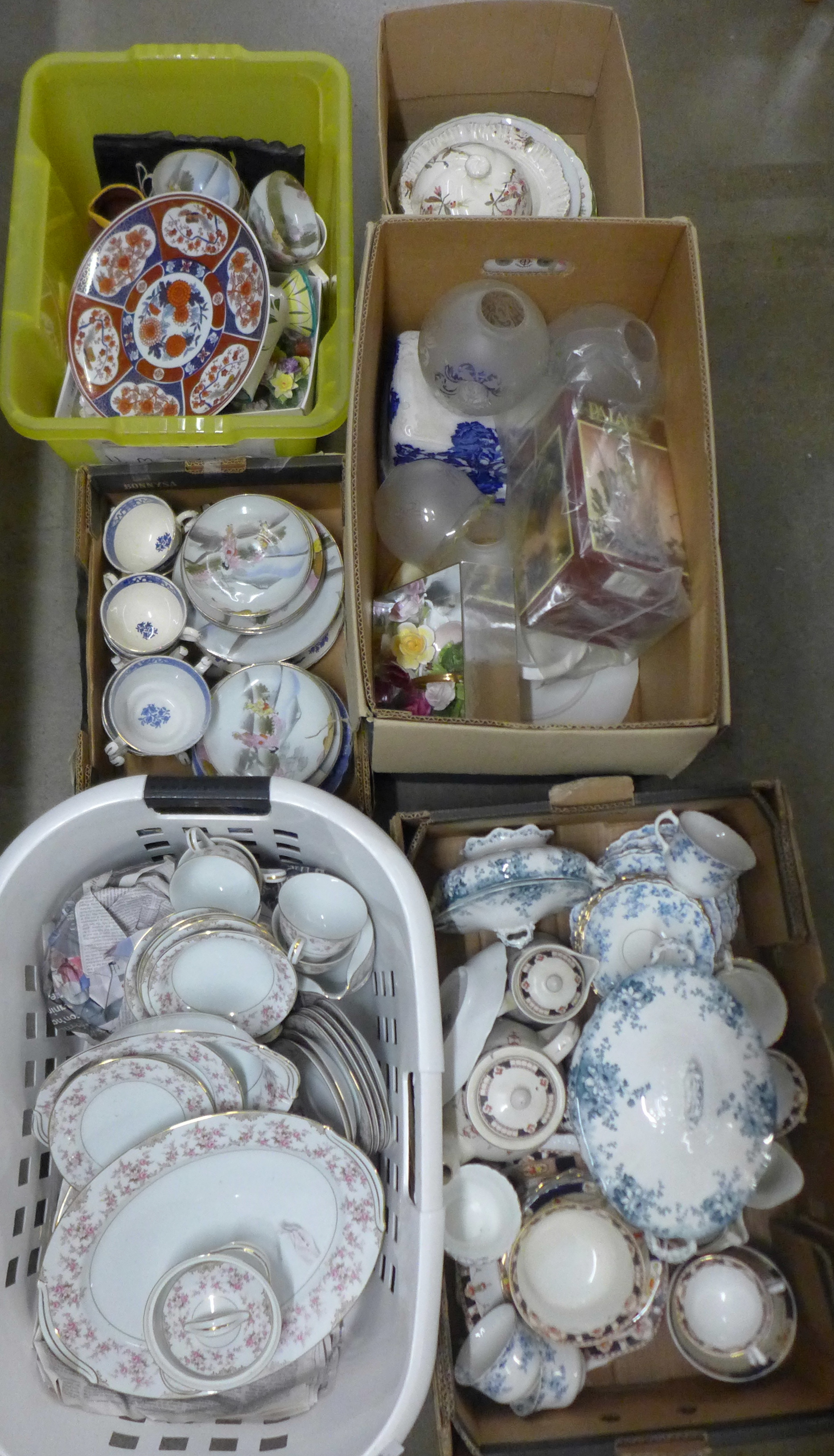 Six boxes of mixed china, tea wares, blue and white, Japanese tea wares, glass light shades,