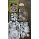Six boxes of mixed china, tea wares, blue and white, Japanese tea wares, glass light shades,