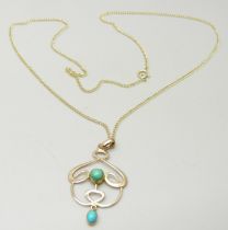 An Art Nouveau turquoise set pendant on 9ct gold chain, total weight 3.1g, chain 45cm