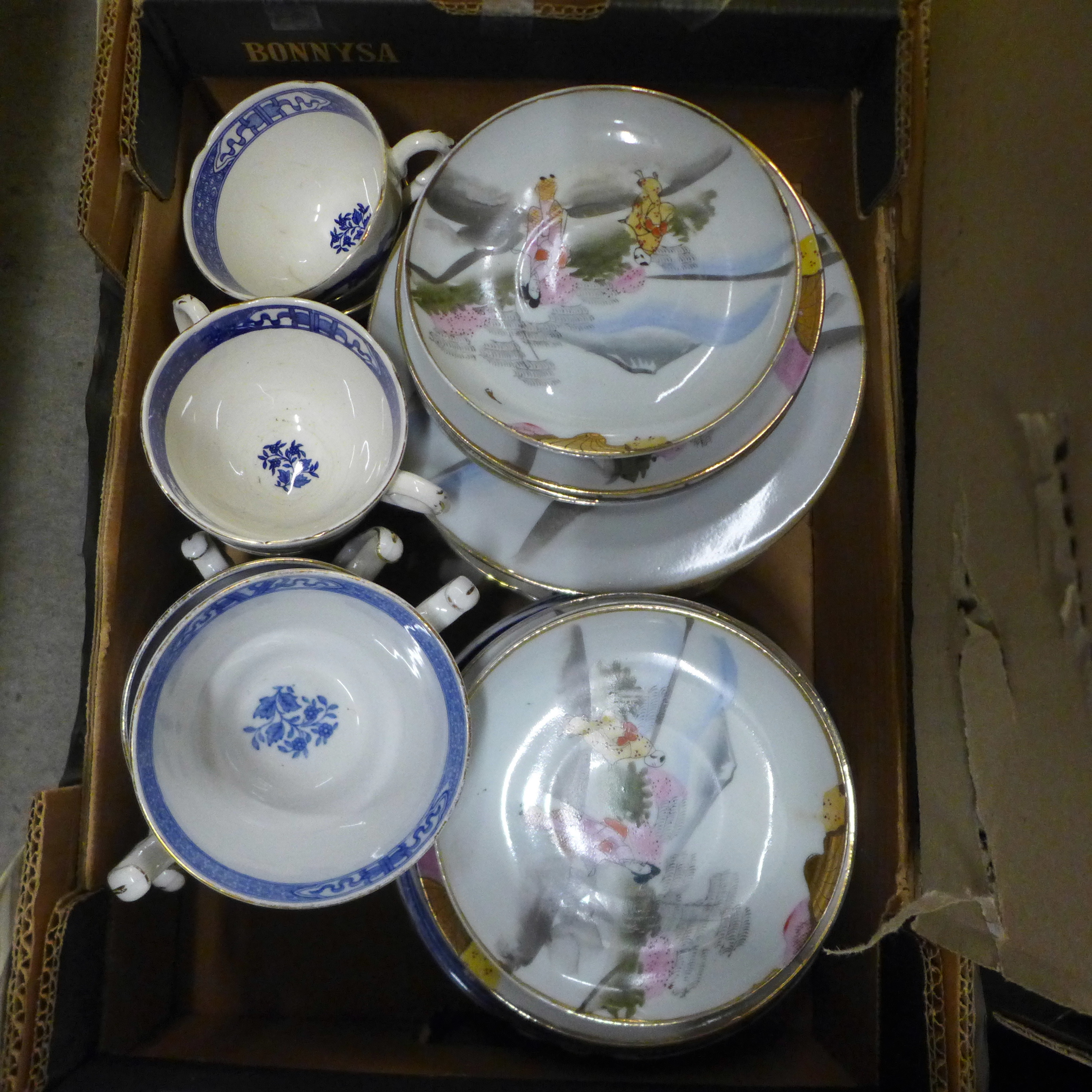 Six boxes of mixed china, tea wares, blue and white, Japanese tea wares, glass light shades, - Image 4 of 7