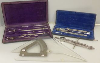 Two cased part sets of engineers technical drawing equipment with two other instruments