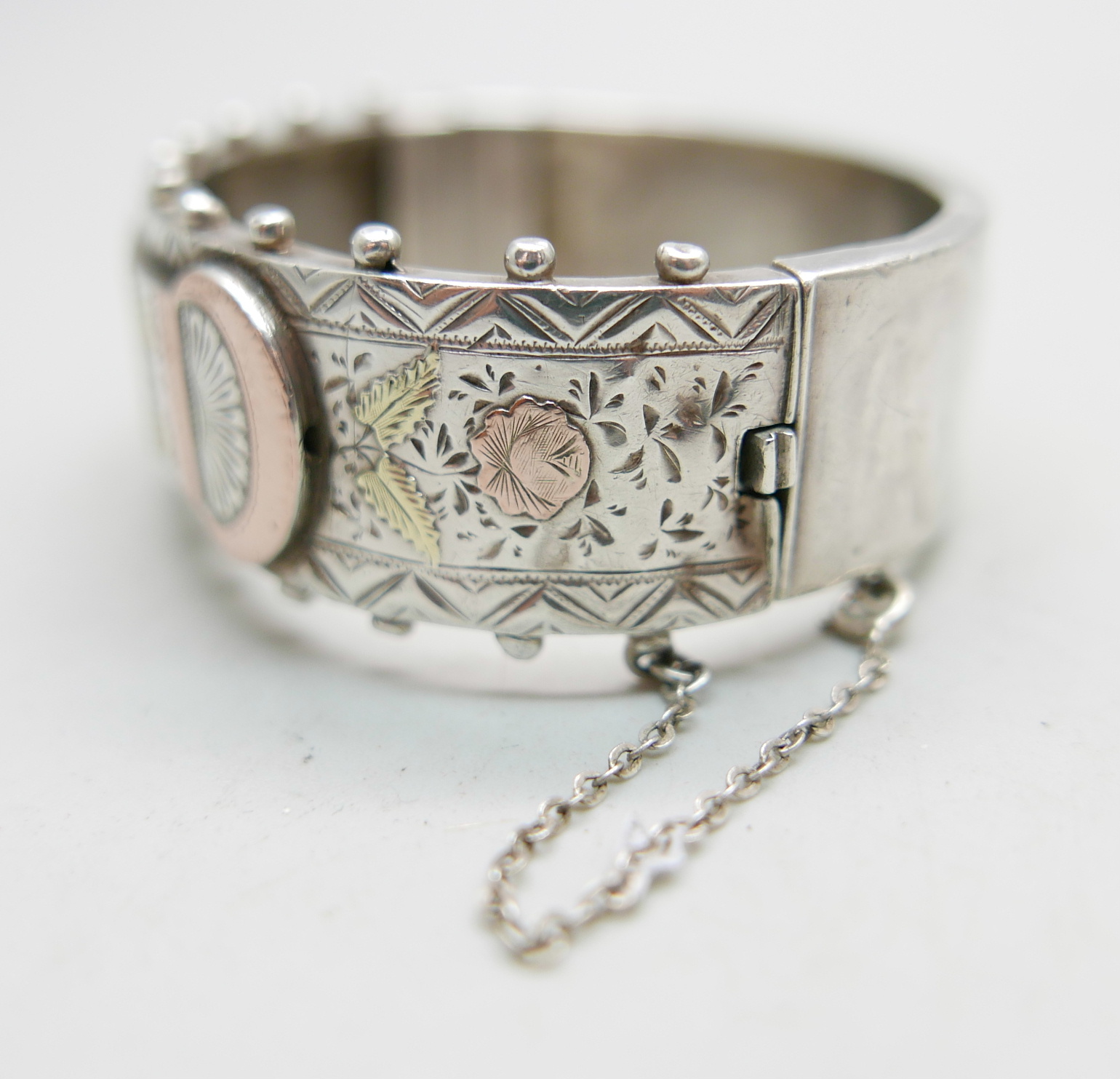 A Victorian silver bangle with applied gold decoration, Birmingham 1884 - Image 5 of 6