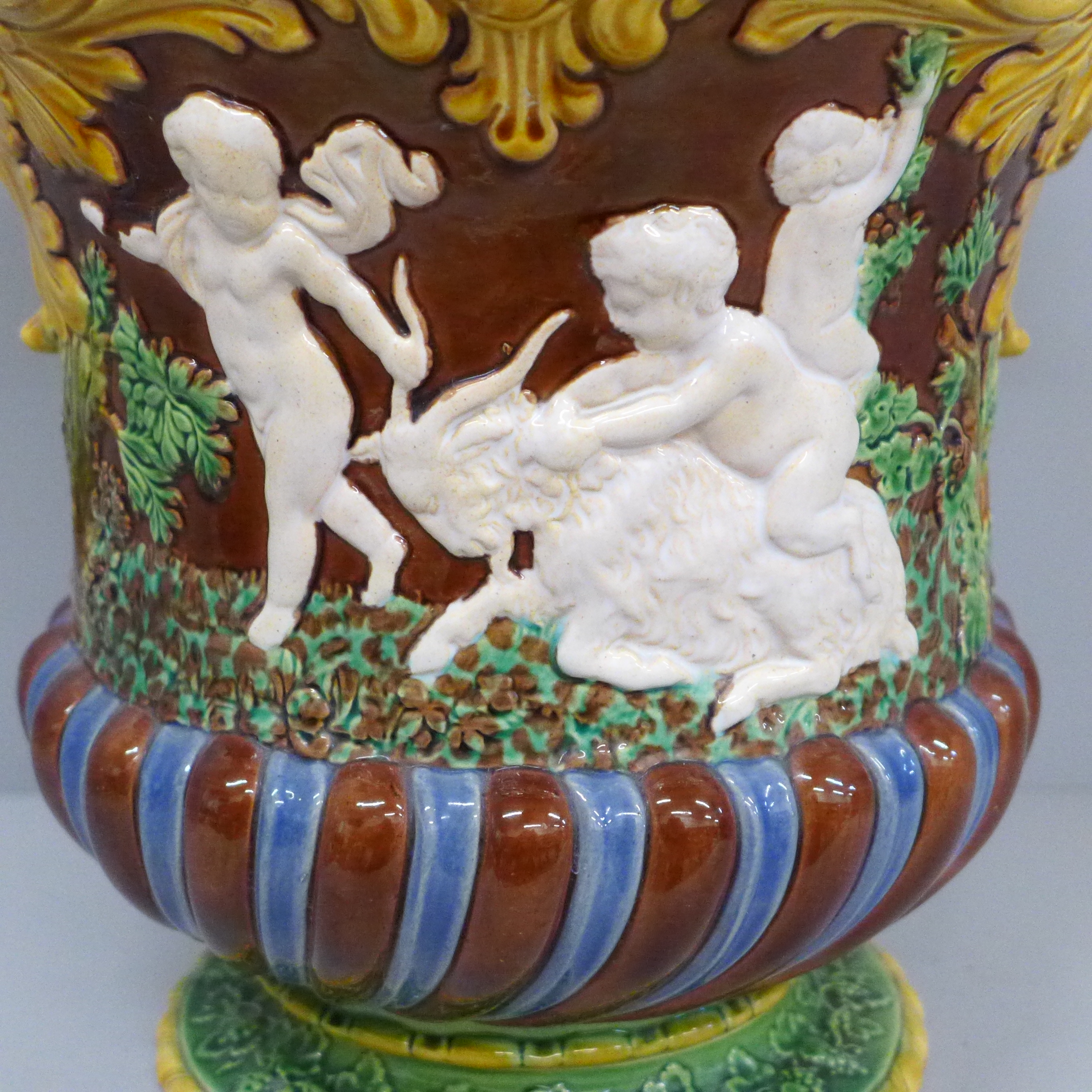 A 19th Century majolica jardinière with ram's head detail and embossed with classical Roman - Image 2 of 6